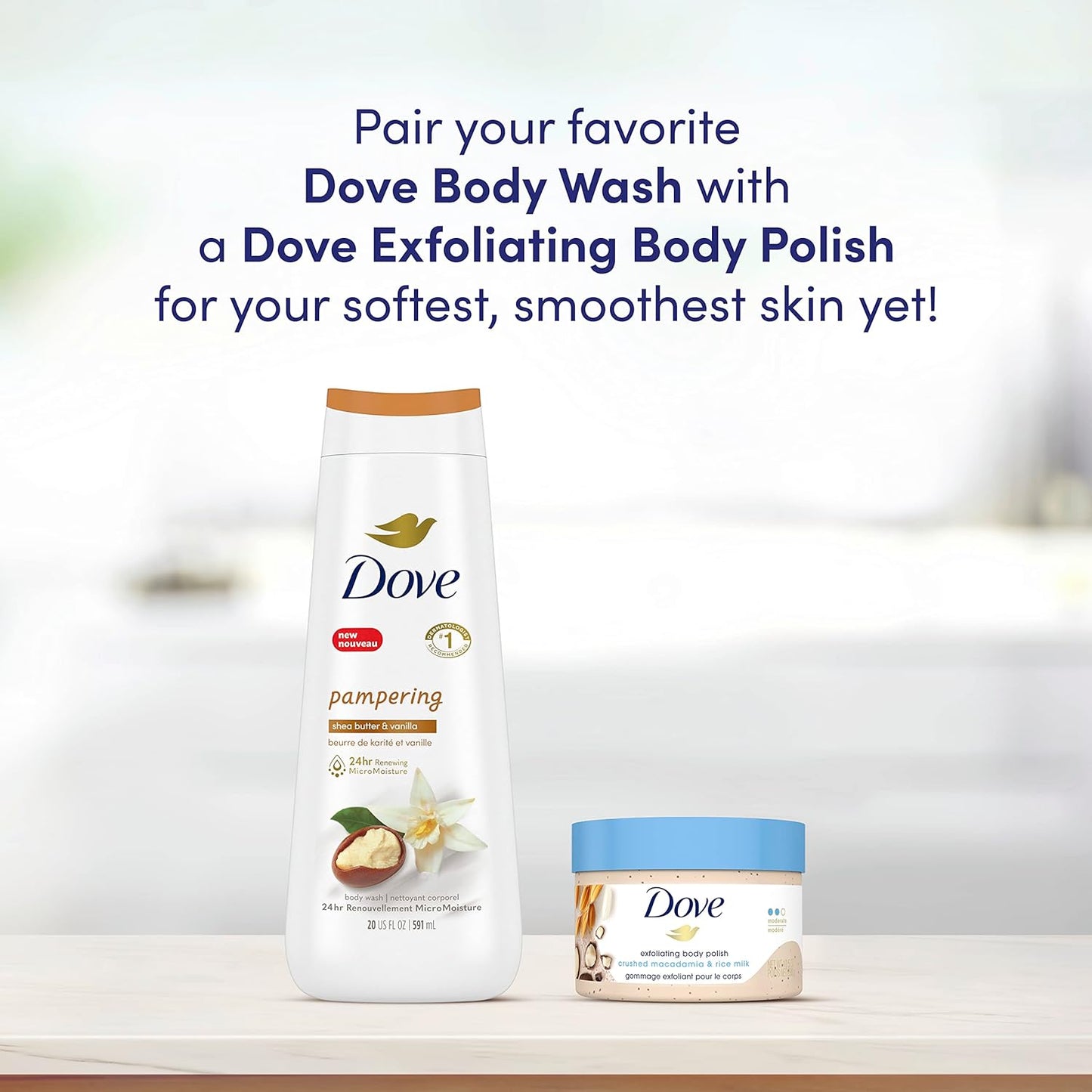 Dove Exfoliating Body Polish – Macadamia & Rice Milk + Pomegranate & Shea Butter, 298g Each