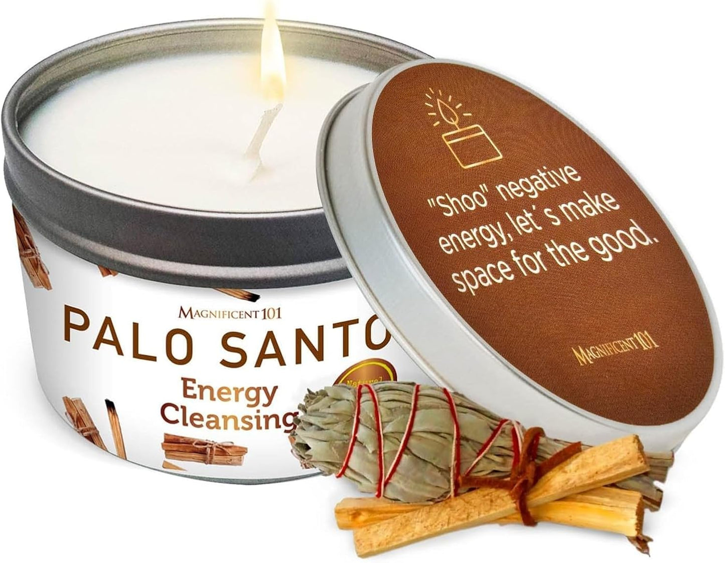 MAGNIFICENT 101 Palo Santo Candle for Smudging - 6 Oz Natural White Soy Wax - 35-Hour Burn - Smoke-Free & Petroleum-Free Aromatherapy Candle for Spiritual Decor