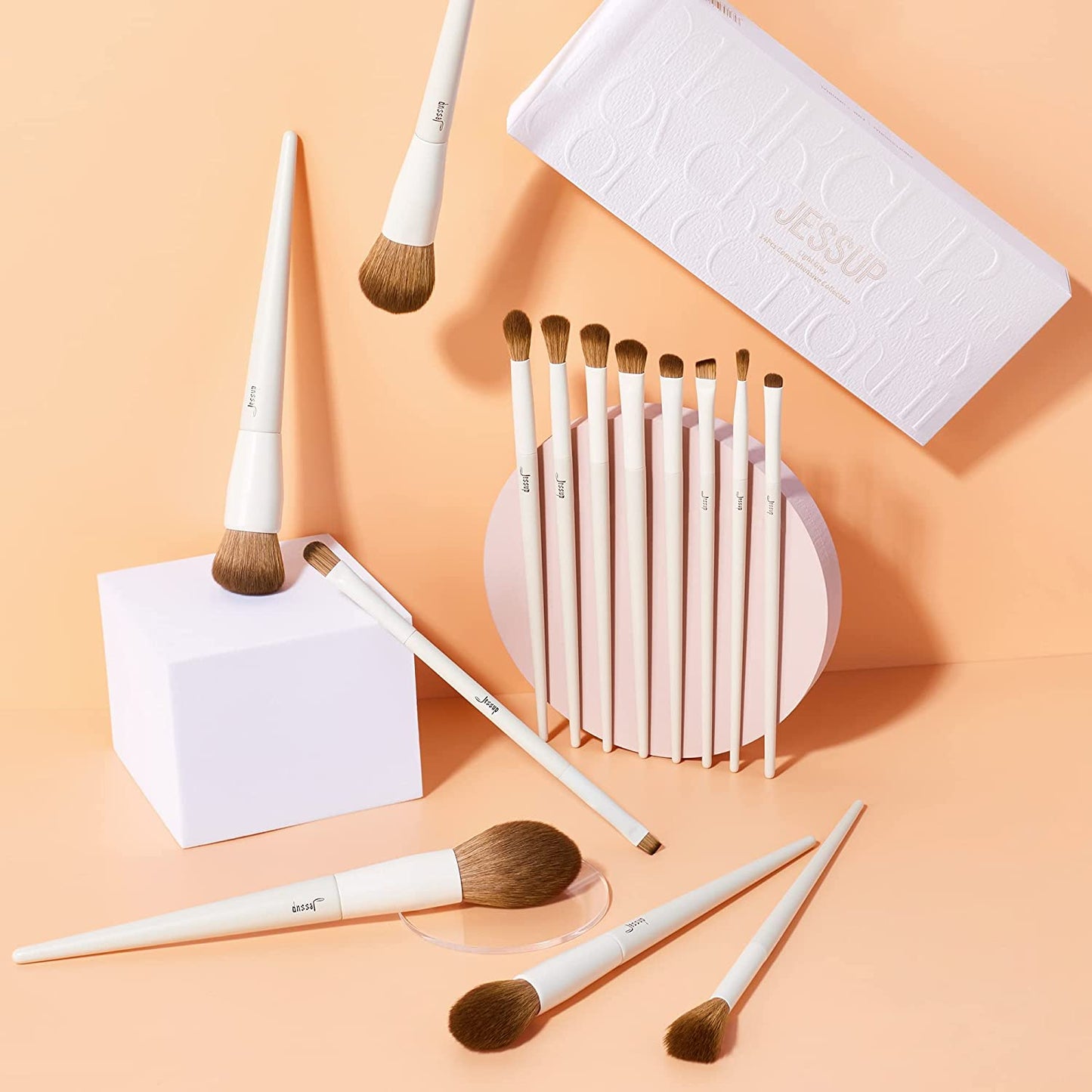 Jessup Makeup Brushes 14Pcs Makeup Brush Set Premium Synthetic Powder Foundation Contour Blush Concealer Eye Shadow Blending Liner Make up Brush Kit Light Grey T329