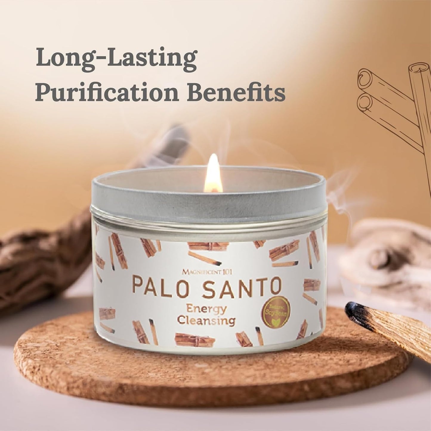 MAGNIFICENT 101 Palo Santo Candle for Smudging - 6 Oz Natural White Soy Wax - 35-Hour Burn - Smoke-Free & Petroleum-Free Aromatherapy Candle for Spiritual Decor