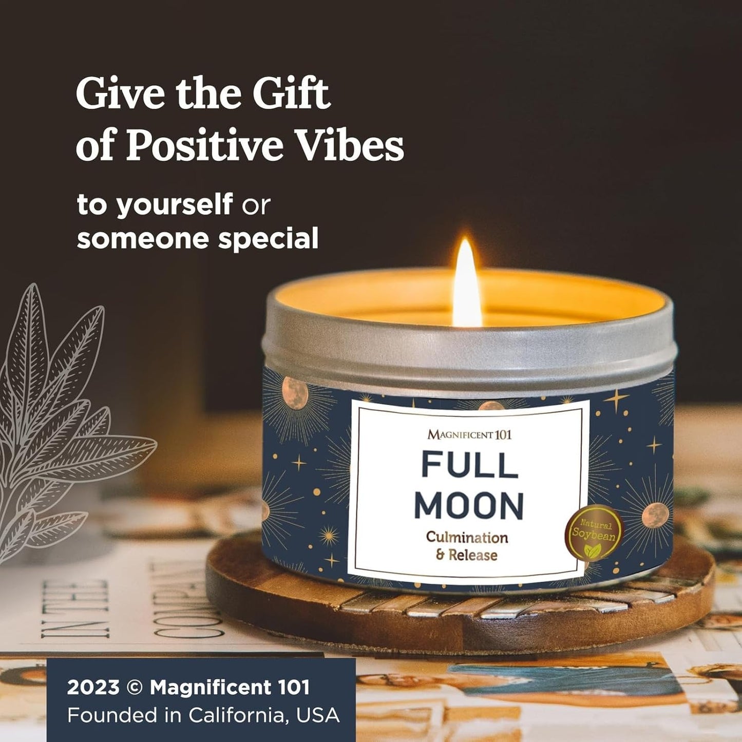 MAGNIFICENT 101 Full Moon Candle Aromatherapy Tin - 6 Oz Rose - Natural Soy Wax - Sage, Frankincense & Sandalwood - 35 Hour Burn - Spiritual Decor