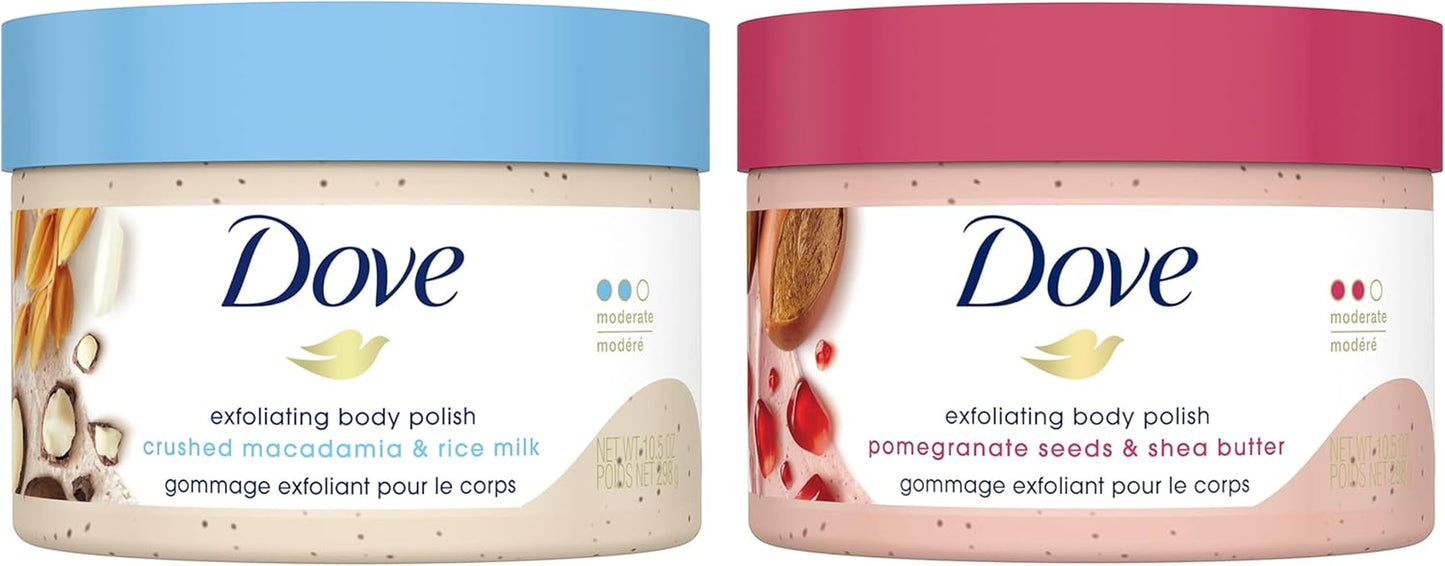 Dove Exfoliating Body Polish – Macadamia & Rice Milk + Pomegranate & Shea Butter, 298g Each