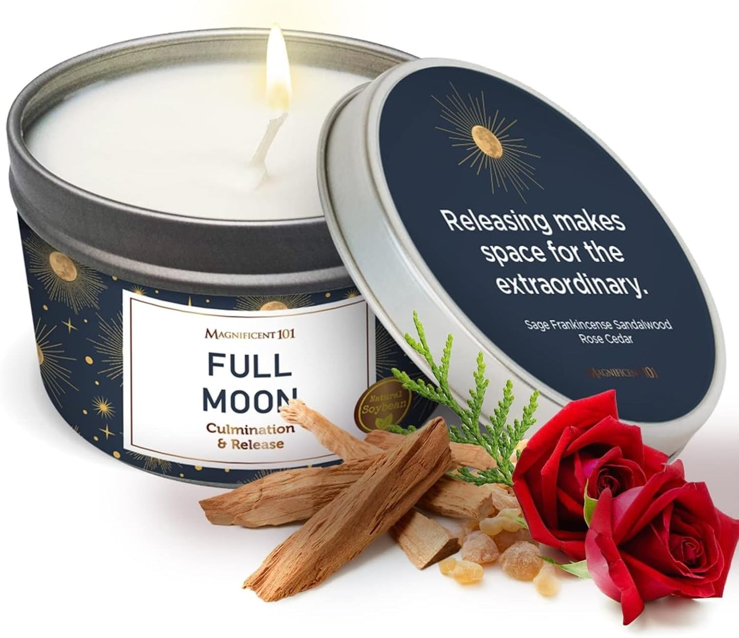 MAGNIFICENT 101 Full Moon Candle Aromatherapy Tin - 6 Oz Rose - Natural Soy Wax - Sage, Frankincense & Sandalwood - 35 Hour Burn - Spiritual Decor