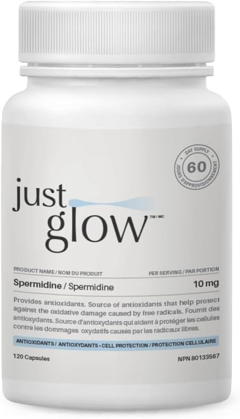 Just Glow Spermidine Supplement 10Mg 120 Capsules (98% of Spermidine 3HCL - Third Party Tested) for Healthy Aging, Longevity, and Cellular Renewal - Made in Canada