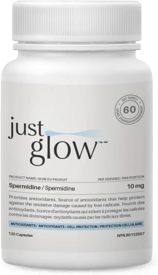 Just Glow Spermidine Supplement 10Mg 120 Capsules (98% of Spermidine 3HCL - Third Party Tested) for Healthy Aging, Longevity, and Cellular Renewal - Made in Canada