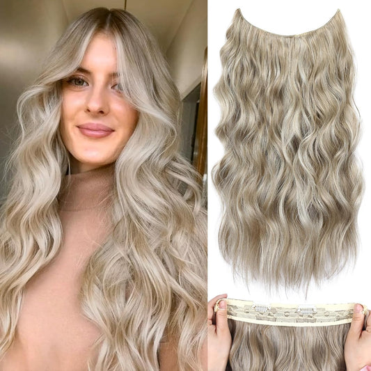 Long Wavy Synthetic Hair Extensions with Invisible Fish Wire Hairpieces Warm Ash Blonde Highlights Bleach Blonde 4 Types Adjustable Headwidth Size 20 Inch for Women Daily Use