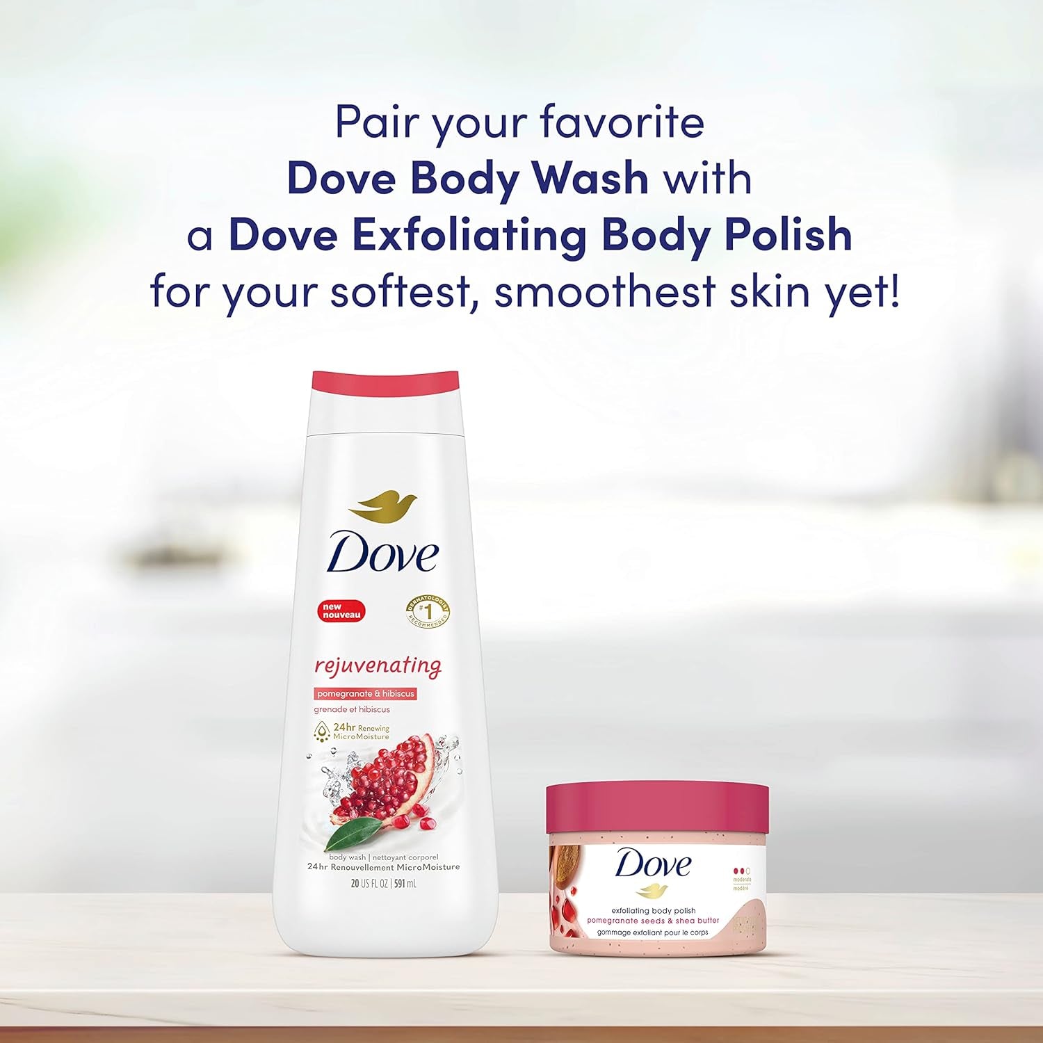 Dove Exfoliating Body Polish – Macadamia & Rice Milk + Pomegranate & Shea Butter, 298g Each